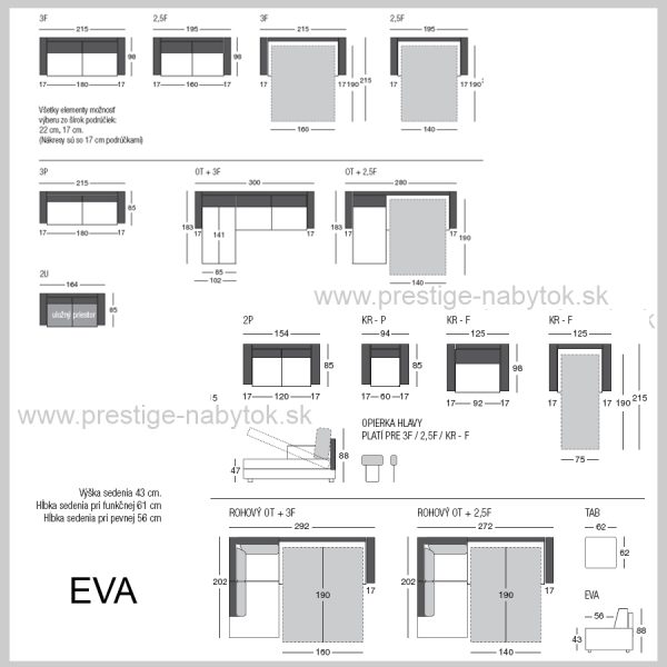 Sedacia súprava Eva rozmery